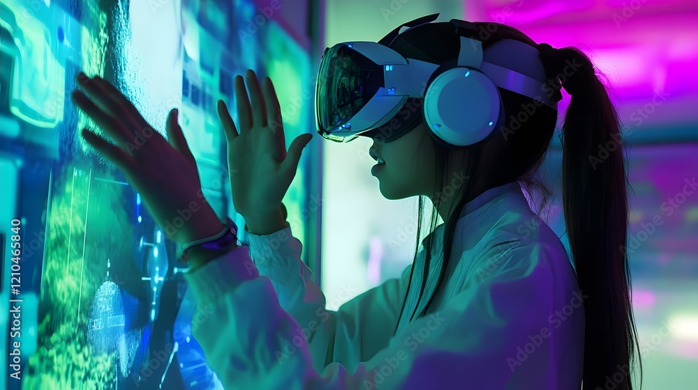 Poster a person using virtual reality technology, interacting with a digital interface.