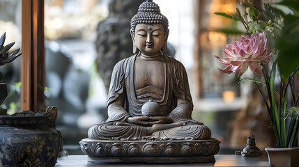 Fototapeta premium Serene Buddha Sculpture Amidst Indoor Garden Oasis with Natural Light : Generative AI
