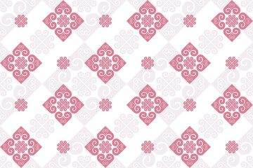 Ethnic fabric pattern, pink heart-shaped spiral lines, background for fabric pattern, postcard, paper