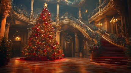 Fototapeta premium festive Christmas scene with decorated tree and red ornaments, high detail, warm and inviting, magical and rich, elegant and vibrant holiday atmosphere