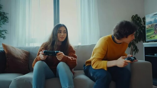 Young couple engaging in intense gaming session on cozy sofa