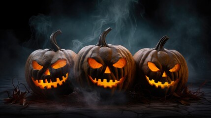 Skittish Halloween Pumpkins. Three Carved Jack-O-Lanterns with Luminous Smirks on Smoky Black Background. Perfect Image for Halloween Celebrations and Festivities