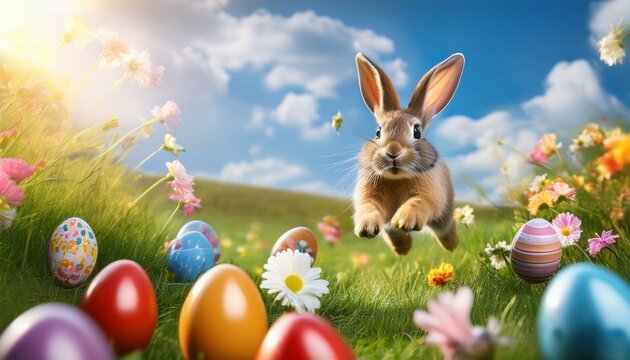 Spielender Osterhase mit bunten Ostereiern &ndash; Lebendiges Fr&uuml;hlingsmotiv