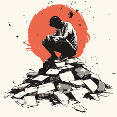 Man Contemplating Amidst a Pile of Documents. Vector Image