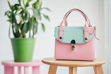An elegant handbag in pastel colors, decorated with metal fittings. In the background is a minimalist wooden table with a green flowerpot. Generative AI