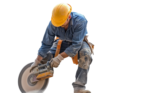 Construction worker using a belt sander on-site for surface smoothing and finishing Isolated on Transparent background PNG