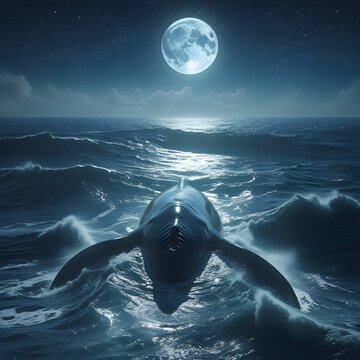big blue whale in the oceon under the moon at the night