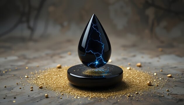 A floating, ultra-polished teardrop of obsidian with glowing veins of electric blue running across its surface, The teardrop hovers over a circular base of shimmering gold dust.