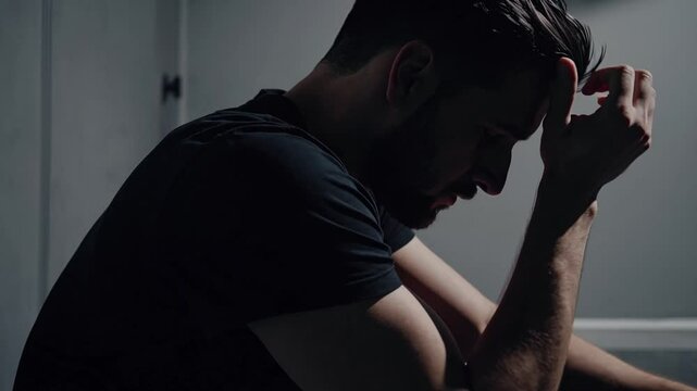 An unhappy, melancholy man sitting on the floor, clutching his forehead in pain, in a darkened room