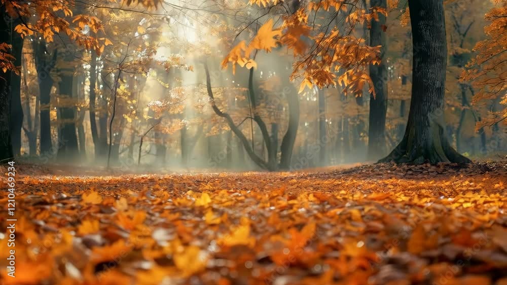 Poster autumn leaves falling in a misty forest with sunlight filtering through trees