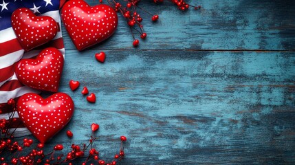 festive flat lay with American flag and red heart decorations, high detail, patriotic and elegant, Independence Day or Memorial Day theme, warm and inviting