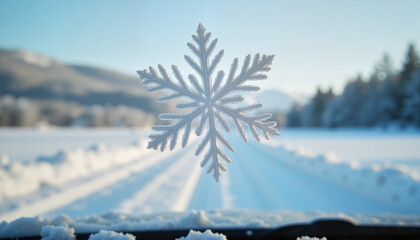 Snowflake detail on car windshield in winter landscape, seasonal beauty