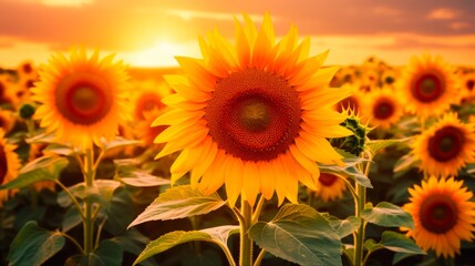 Fototapeta premium Sunny Field of Sunflowers at Sunset: A Closeup View of a Beautiful Yellow Flora Grouped Together Amidst Glowing Sunlight