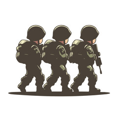 Fototapeta premium Three Soldiers Marching in Formation. Vector Image
