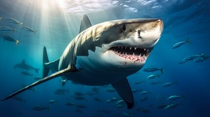 Fototapeta premium Thrilling Adventure: Great White Shark in its Natural Habitat, Underwater View of Guadalupe Island, Mexico - Captivating Wildlife and Stunning Ocean Scenery
