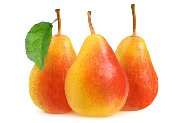 Three red and yellow pears on an isolated white background.