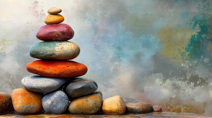 Stacked Colorful Stones Contrasting Against Artistic Abstract Background : Generative AI