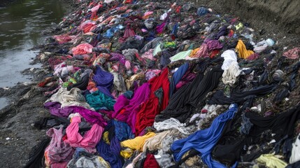 Overflowing Urban Landfill with Fast Fashion Remnants Surrounding Waterway Highlighting Environmental Concerns and Waste Management Challenges