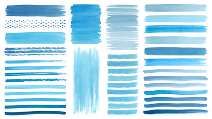 Set of watercolor blue brush strokes, lines, and stripes. A collection of hand-drawn design elements featuring uneven lines, doodle streaks, gradient smears, and underlines in water blue shades.