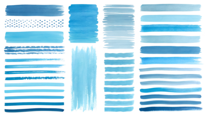 Set of watercolor blue brush strokes, lines, and stripes. A collection of hand-drawn design elements featuring uneven lines, doodle streaks, gradient smears, and underlines in water blue shades.