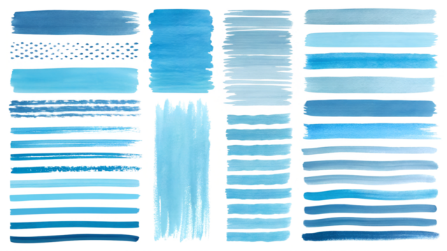 Set of watercolor blue brush strokes, lines, and stripes. A collection of hand-drawn design elements featuring uneven lines, doodle streaks, gradient smears, and underlines in water blue shades.