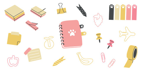 Vector illustration of a collection of cute stationery and accessories in pastel colors, notepads, sticky notes, paper clips and decorative stationery, suitable for planners, school themes