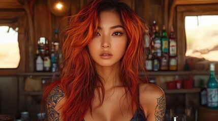"Elegant Mixed-Race Bartender with Intricate Tattoo Crafting Cocktails in Modern Bar Setting"