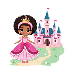 Cute little princess with beautiful eyes and golden crown stands in front of the castle. Poster, Banner, Flyer, Greeting Card. Vector illustration in flat drawn cartoon style