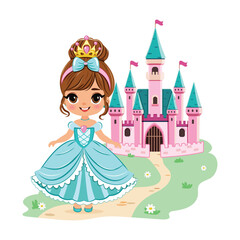 Cute little princess with beautiful eyes and golden crown stands in front of the castle. Poster, Banner, Flyer, Greeting Card. Vector illustration in flat drawn cartoon style