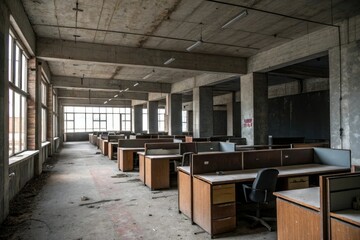 Abandoned office space with dark concrete walls and empty desks, vacant space, minimalist design, abandoned office, dark concrete, empty desks
