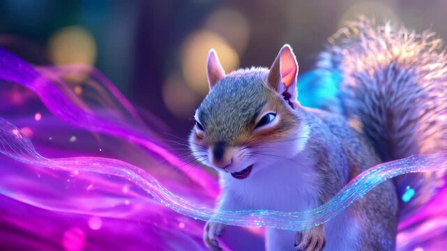 Curious Animated Squirrel Interacts with Magical Energy Ribbons: A Whimsical and Joyful Display of Wonder and Playful Energy