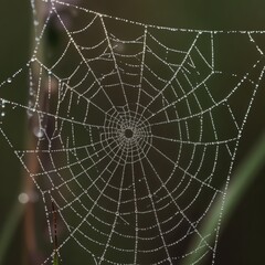 Obraz premium Dew-covered spider web in morning light captures nature's intricate beauty