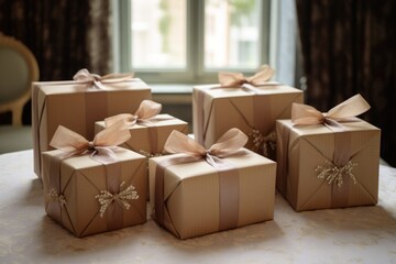 Wedding Presents. The Joy of Giving: Beautiful Gifts Wrapped in Paper Boxes for the Bride and Groom, Surprise Guests at Reception