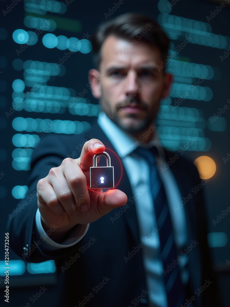 Poster a businessman protects his personal data with a secure password, emphasizing the importance of onlin