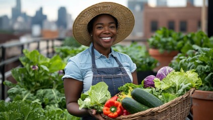 A photo of a smiling gardener wearing a hat and apron, holding a basket full of vegetables, standing in a rooftop garden in the city.