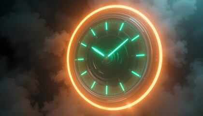 A futuristic clock with a translucent circular face, its hands glowing in neon green, The surrounding rim pulses with soft orange and yellow gradients, suspended in a dim, smoky environment.