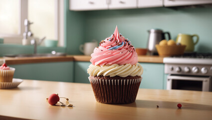 A large, close up cupcake sits in the foreground of a bright kitchen. The baked good is a brown cupcake with pink and white frosting, and sprinkles. It is intended to be an illustrative image generate