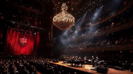Orchestra performing on stage, grand chandelier above, audience seated in tiered balconies, concert hall. Use Concert promotion