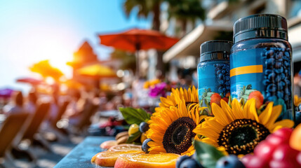 A lively beach scene featuring nutritional supplements adorned with sunflowers, capturing the essence of health and vitality amidst a vibrant summer outdoor atmosphere.