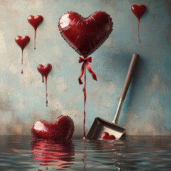 Artistic heart balloon dripping in surreal water scene