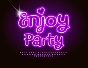 Vector Neon invitation Enjoy Party. Electric Playful Font. Glowing Pink Alphabet Letters and Numbers