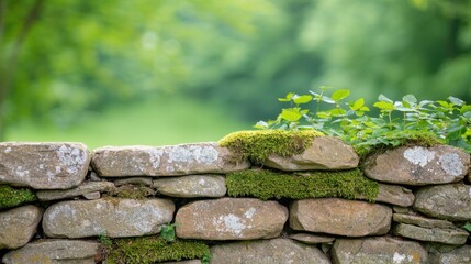 Lush Greenery and Mossy Stones of a Rustic Garden Wall Scene