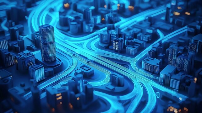 Future Industrial City, city on a chip, with urban building roads as the main body, interweaving blue gold buildings, a few houses, futuristic, technology, 3D cyan gold model, studio lighting, C4D, bl