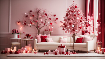 A pink-themed, heart-filled room features decorative trees and wrapped presents. The scene, styled for Valentine's Day, also includes candles and soft furniture.