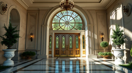 Fototapeta premium Grand Entrance of a Luxurious Mansion: Architectural Design and Elegance