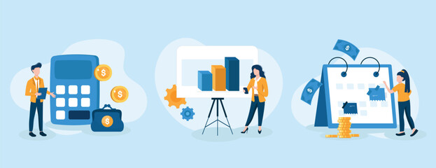 Planning financial budget isolated set. Accounting analysis and savings. People collection of scenes in flat design. Vector illustration for blogging, website, mobile app, promotional materials.