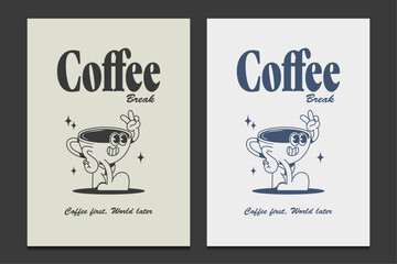 retro poster or wall art decor with a cartoon coffee cup mascot, vector illustration