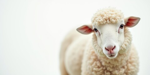 Obraz premium A close-up of a fluffy sheep against a soft background, capturing the gentle nature and beauty of livestock, perfect for agriculture, farming, or animal welfare themes.