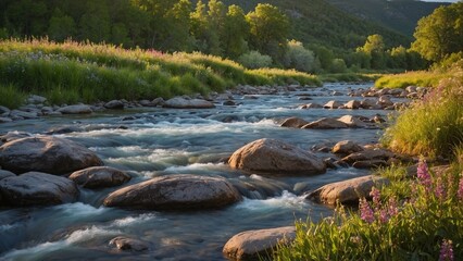 Fototapeta premium Photorealistic, wide river with crystal clear water flowing over smooth rocks, surrounded by wild flowers and fresh greenery, soft golden hour light