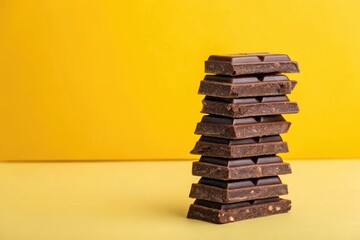 A stack of multiple chocolate bars arranged in a neat row, sitting on top of a large, solid yellow background that provides a pop of color, confectionery, layered, rows, stacked